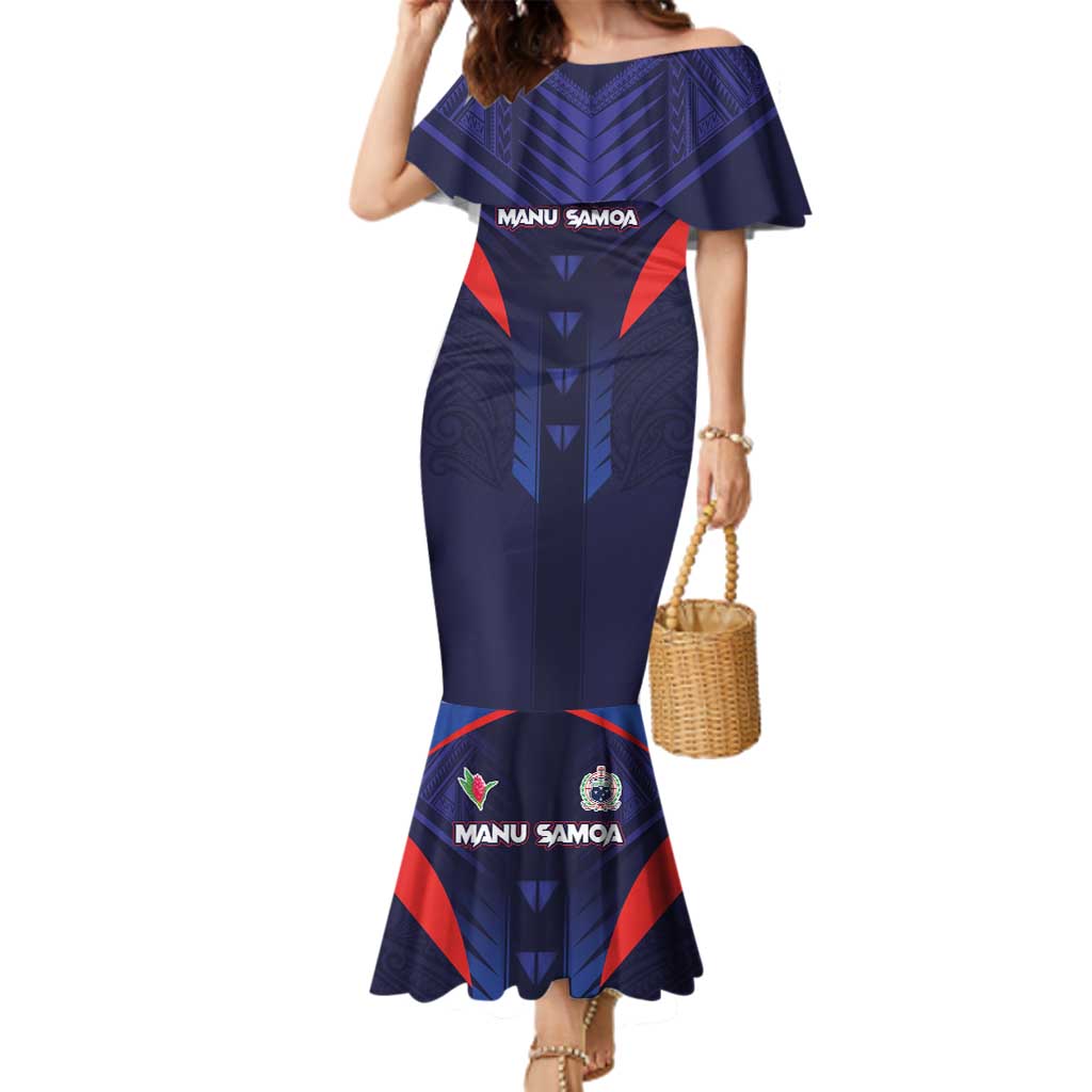 Custom Rugby Samoa Family Matching Mermaid Dress and Hawaiian Shirt Siva Tau Spirit Sporty Vibes LT03 Mom's Dress Navy - Polynesian Pride