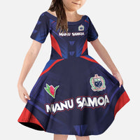 Custom Rugby Samoa Family Matching Off The Shoulder Long Sleeve Dress and Hawaiian Shirt Siva Tau Spirit Sporty Vibes LT03 Daughter's Dress Navy - Polynesian Pride