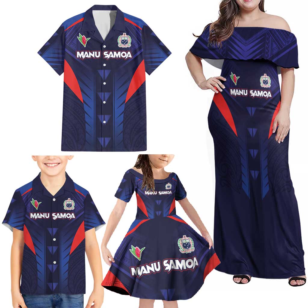 Custom Rugby Samoa Family Matching Off Shoulder Maxi Dress and Hawaiian Shirt Siva Tau Spirit Sporty Vibes LT03 - Polynesian Pride