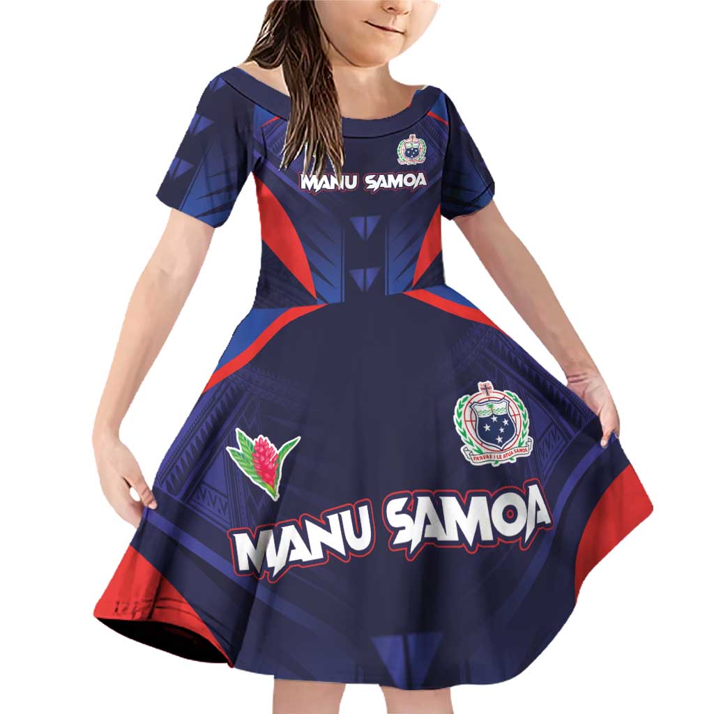 Custom Rugby Samoa Family Matching Off Shoulder Short Dress and Hawaiian Shirt Siva Tau Spirit Sporty Vibes LT03 Daughter's Dress Navy - Polynesian Pride