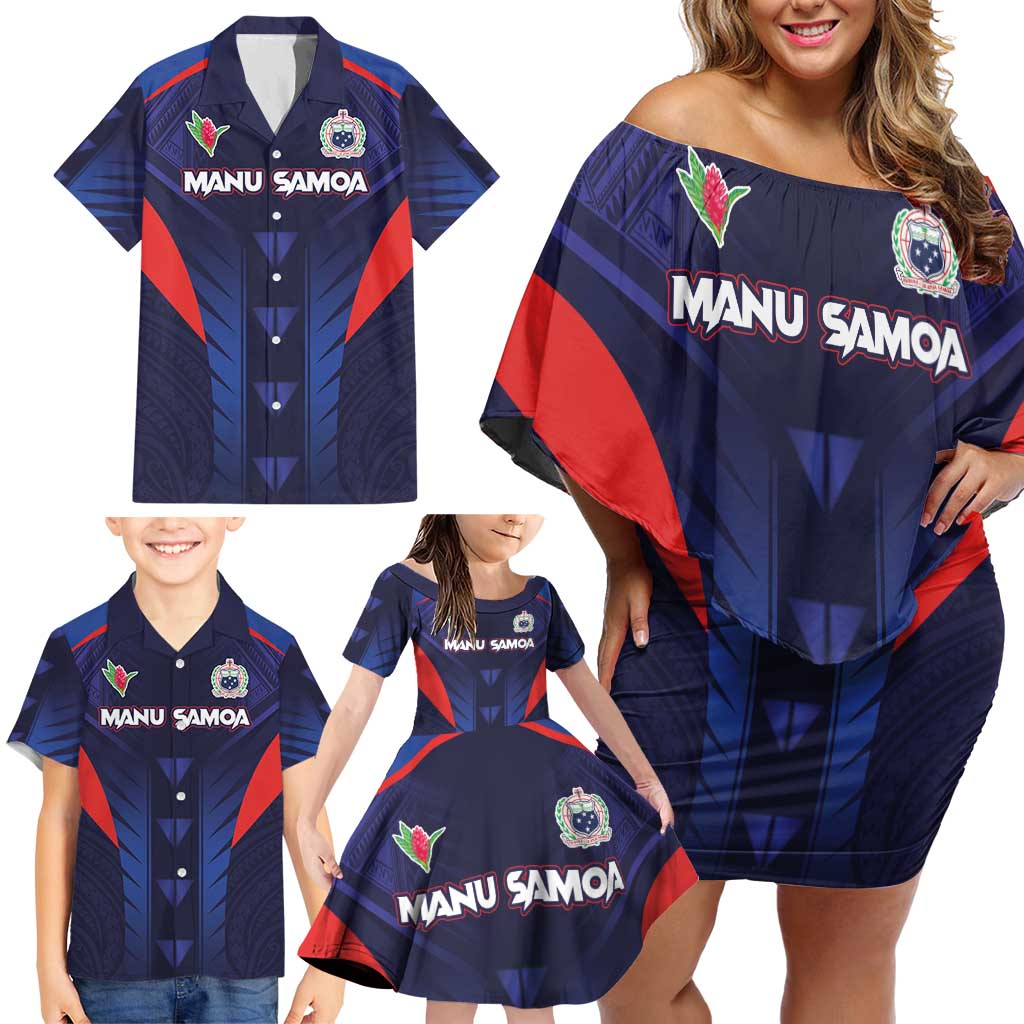 Custom Rugby Samoa Family Matching Off Shoulder Short Dress and Hawaiian Shirt Siva Tau Spirit Sporty Vibes LT03 - Polynesian Pride