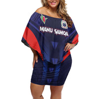 Custom Rugby Samoa Family Matching Off Shoulder Short Dress and Hawaiian Shirt Siva Tau Spirit Sporty Vibes LT03 Mom's Dress Navy - Polynesian Pride