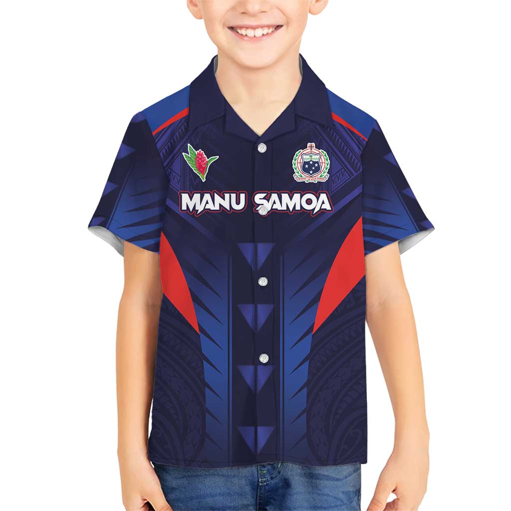 Custom Rugby Samoa Family Matching Off Shoulder Short Dress and Hawaiian Shirt Siva Tau Spirit Sporty Vibes LT03 Son's Shirt Navy - Polynesian Pride