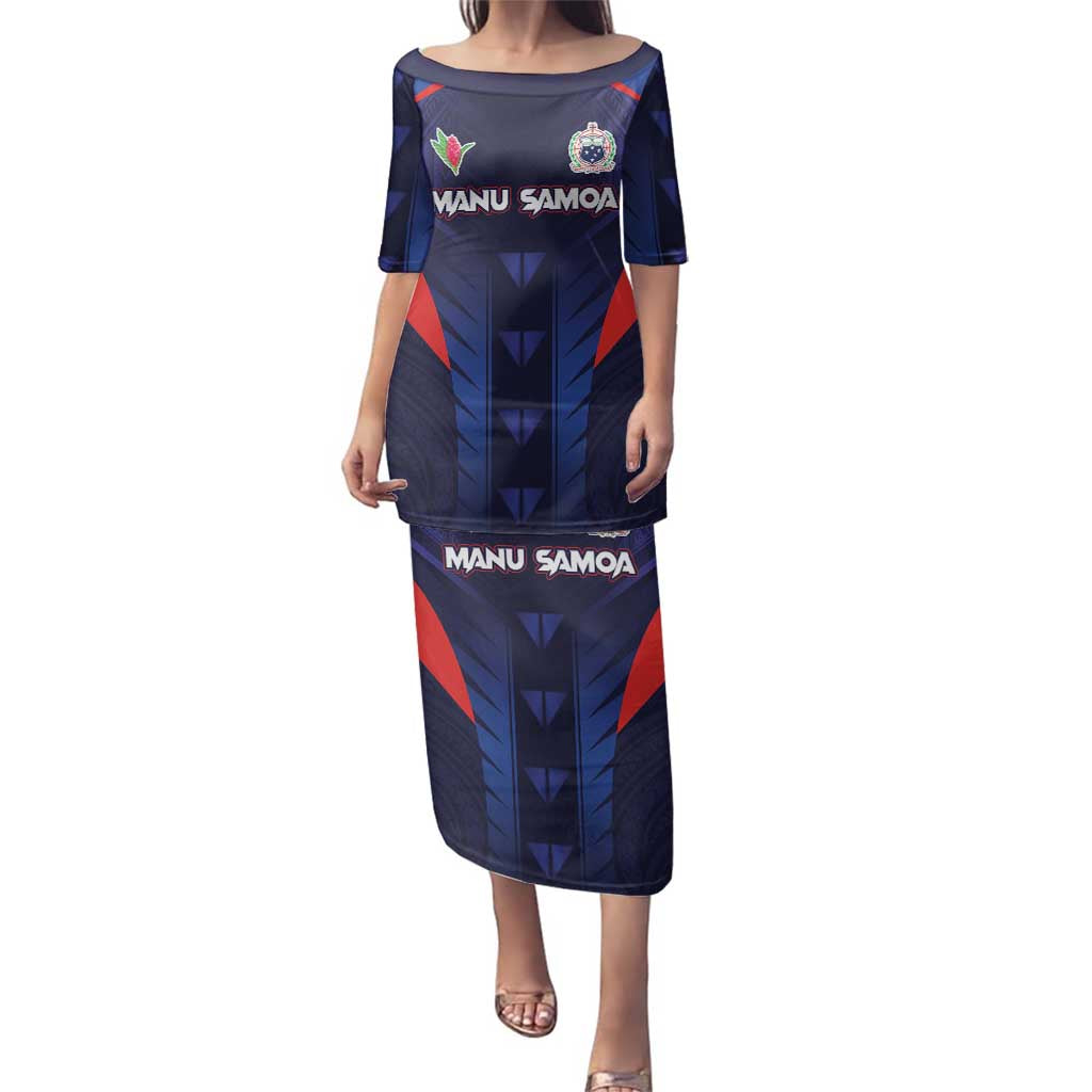 Custom Rugby Samoa Family Matching Puletasi and Hawaiian Shirt Siva Tau Spirit Sporty Vibes LT03 Mom's Dress Navy - Polynesian Pride