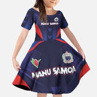 Custom Rugby Samoa Family Matching Short Sleeve Bodycon Dress and Hawaiian Shirt Siva Tau Spirit Sporty Vibes LT03 Daughter's Dress Navy - Polynesian Pride