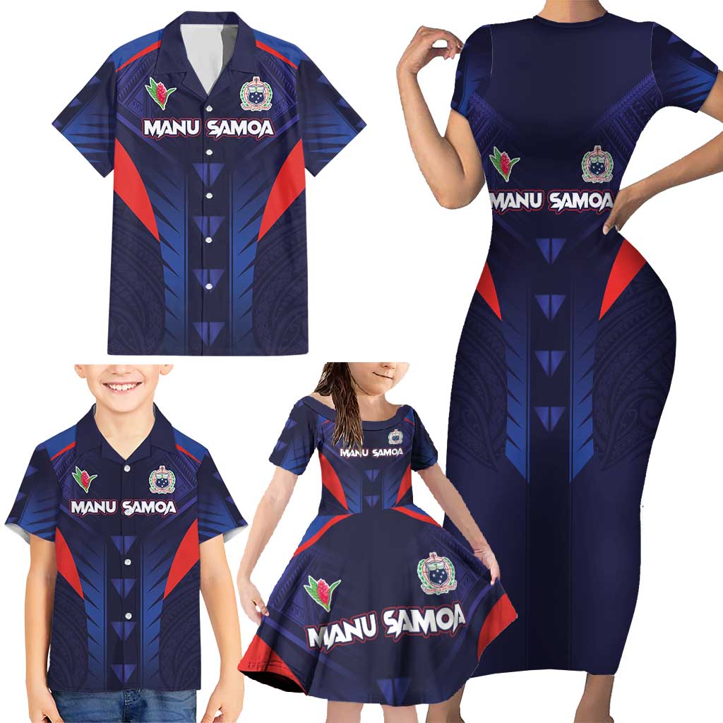 Custom Rugby Samoa Family Matching Short Sleeve Bodycon Dress and Hawaiian Shirt Siva Tau Spirit Sporty Vibes - Polynesian Pride