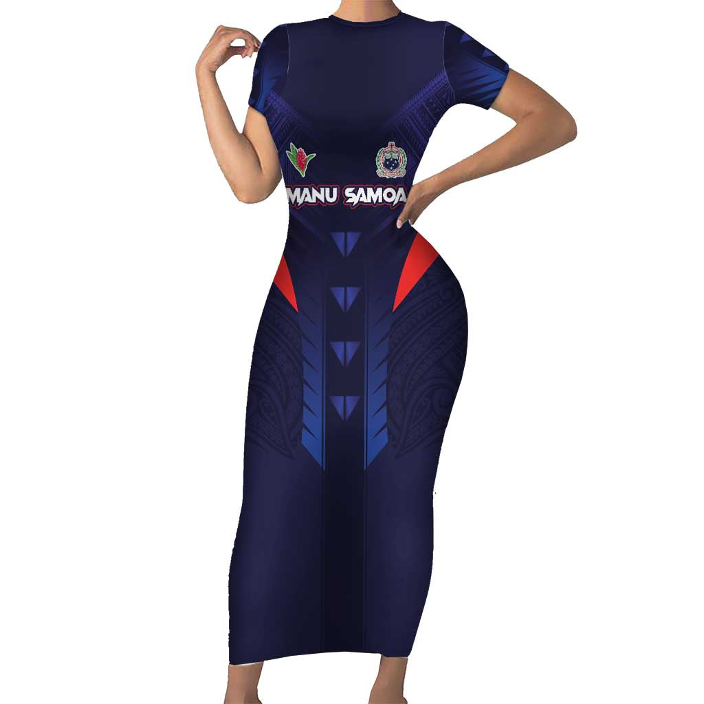 Custom Rugby Samoa Family Matching Short Sleeve Bodycon Dress and Hawaiian Shirt Siva Tau Spirit Sporty Vibes LT03 Mom's Dress Navy - Polynesian Pride