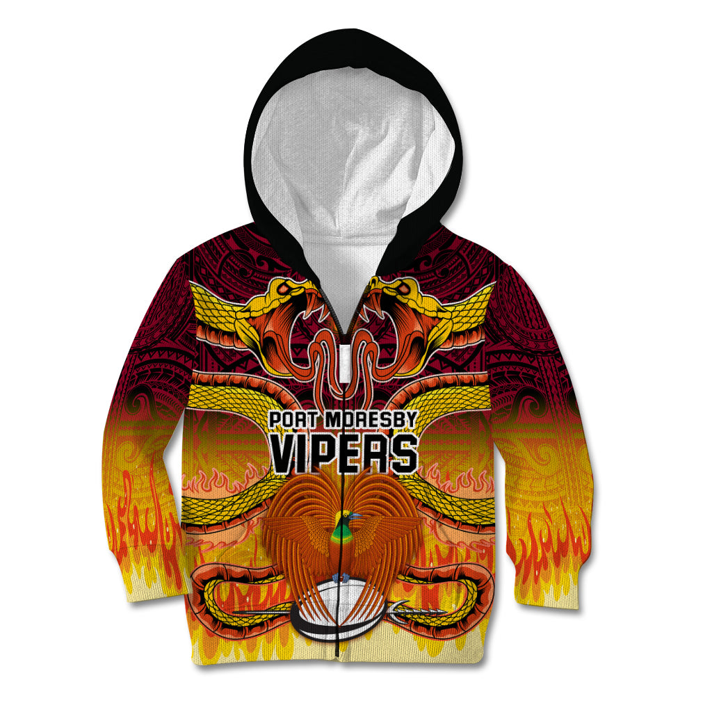 PNG Port Moresby Vipers Rugby Kid Hoodie Fire Vipers Mix PNG Bird Polynesian Tattoo LT03 Zip Hoodie Yellow - Polynesian Pride