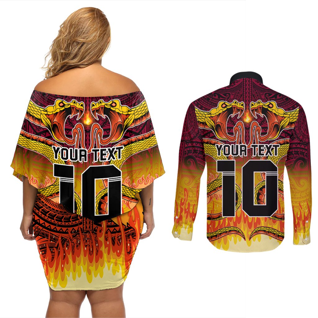 Custom PNG Port Moresby Vipers Rugby Couples Matching Off Shoulder Short Dress and Long Sleeve Button Shirts Fire Vipers Mix PNG Bird Polynesian Tattoo LT03 - Polynesian Pride