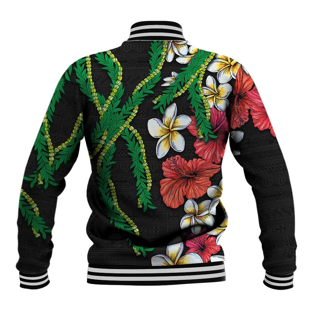Hawaiian Tropical Flowers and Maile Pikake Baseball Jacket Polynesian Tribal Pattern Black Color