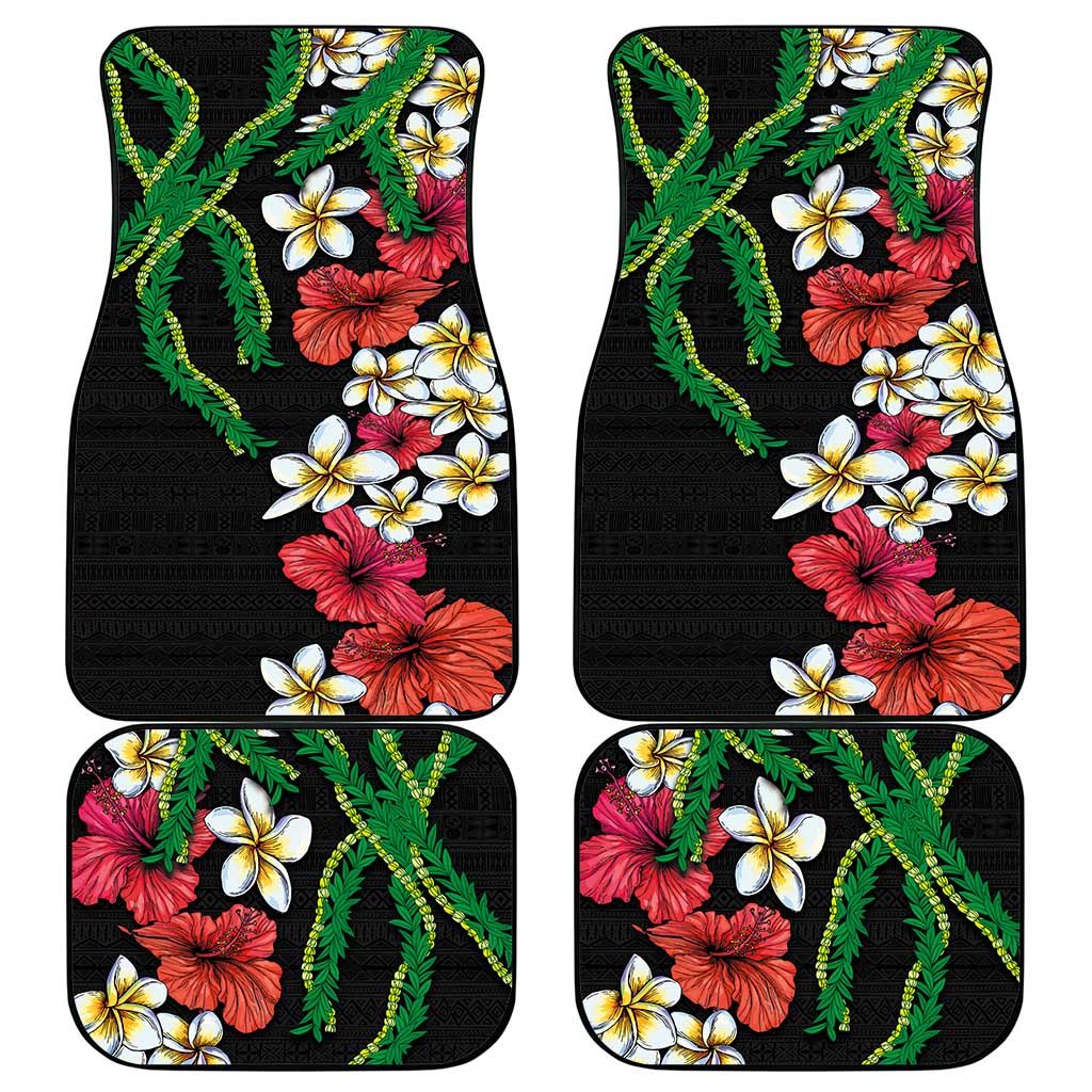 Hawaiian Tropical Flowers and Maile Pikake Car Mats Polynesian Tribal Pattern Black Color