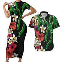 Hawaiian Tropical Flowers and Maile Pikake Couples Matching Short Sleeve Bodycon Dress and Hawaiian Shirt Polynesian Tribal Pattern Black Color LT03 Black - Polynesian Pride