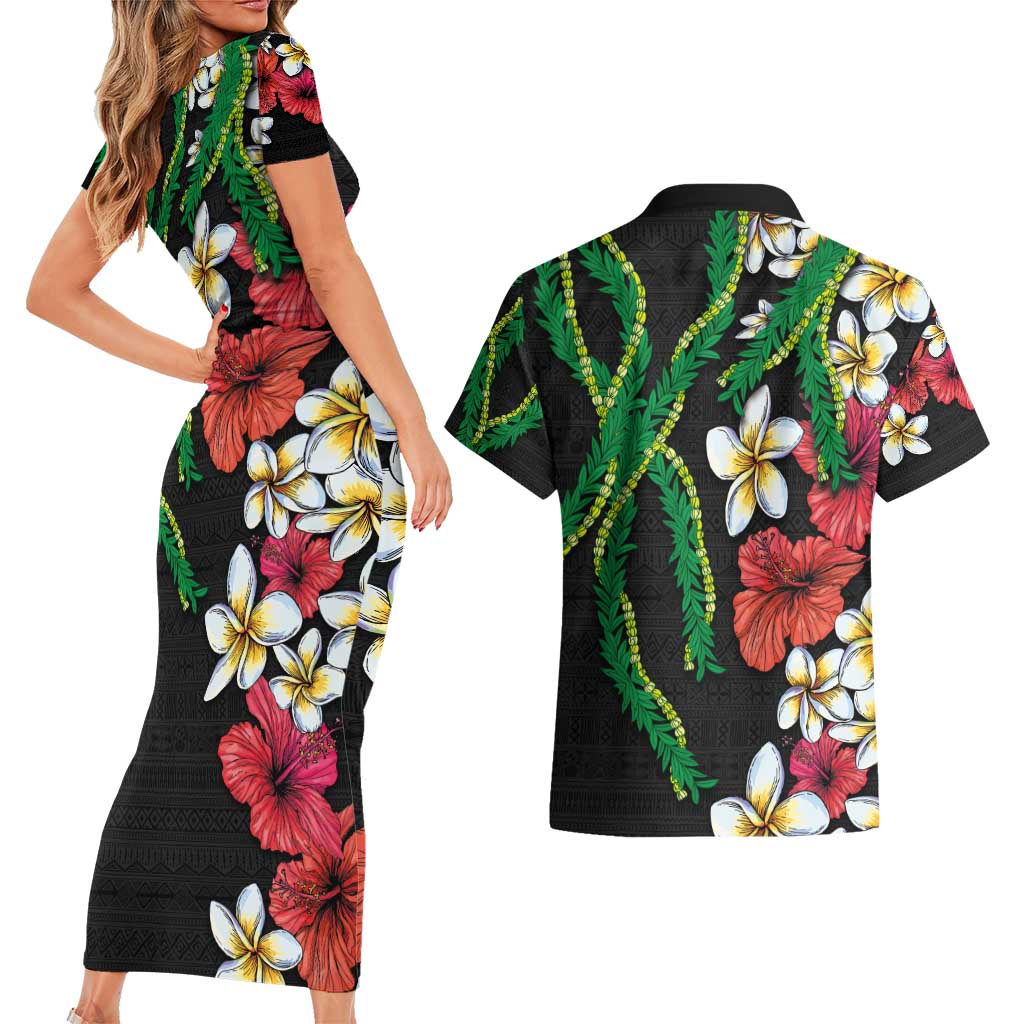 Hawaiian Tropical Flowers and Maile Pikake Couples Matching Short Sleeve Bodycon Dress and Hawaiian Shirt Polynesian Tribal Pattern Black Color LT03 - Polynesian Pride