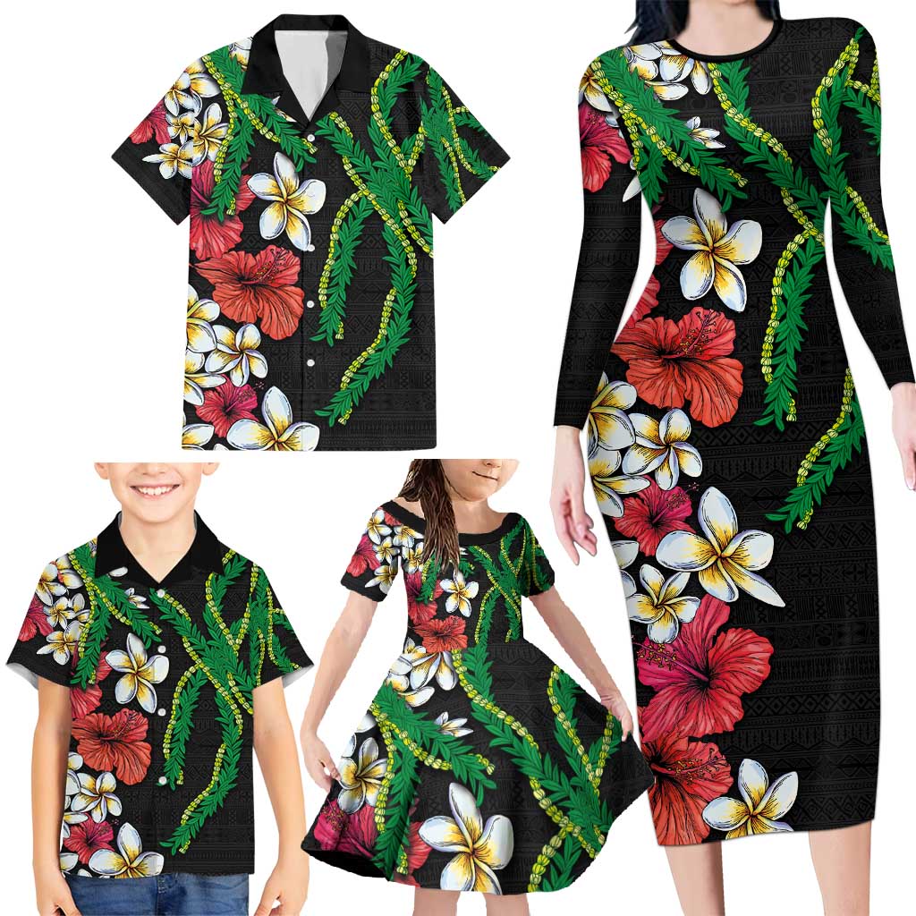 Hawaiian Tropical Flowers and Maile Pikake Family Matching Long Sleeve Bodycon Dress and Hawaiian Shirt Polynesian Tribal Pattern Black Color LT03 - Polynesian Pride