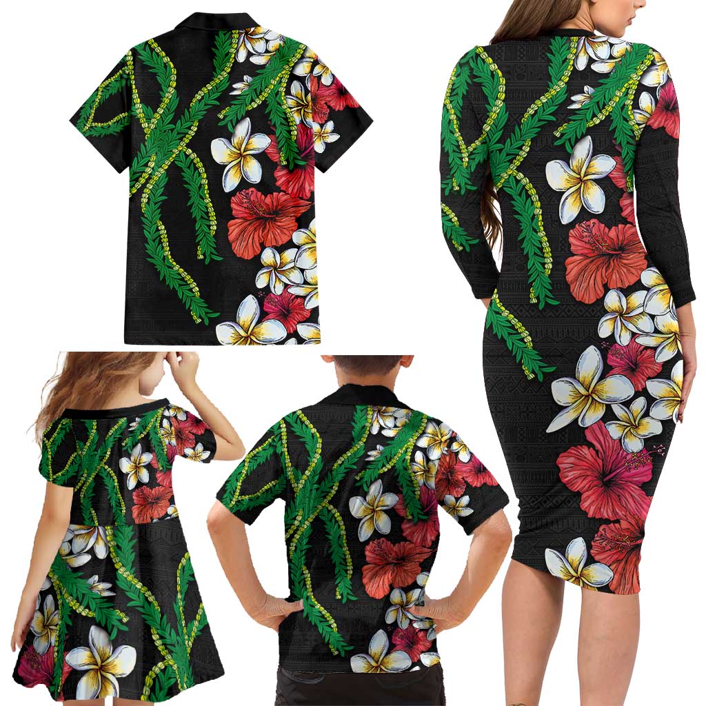 Hawaiian Tropical Flowers and Maile Pikake Family Matching Long Sleeve Bodycon Dress and Hawaiian Shirt Polynesian Tribal Pattern Black Color LT03 - Polynesian Pride