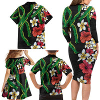 Hawaiian Tropical Flowers and Maile Pikake Family Matching Long Sleeve Bodycon Dress and Hawaiian Shirt Polynesian Tribal Pattern Black Color LT03 - Polynesian Pride