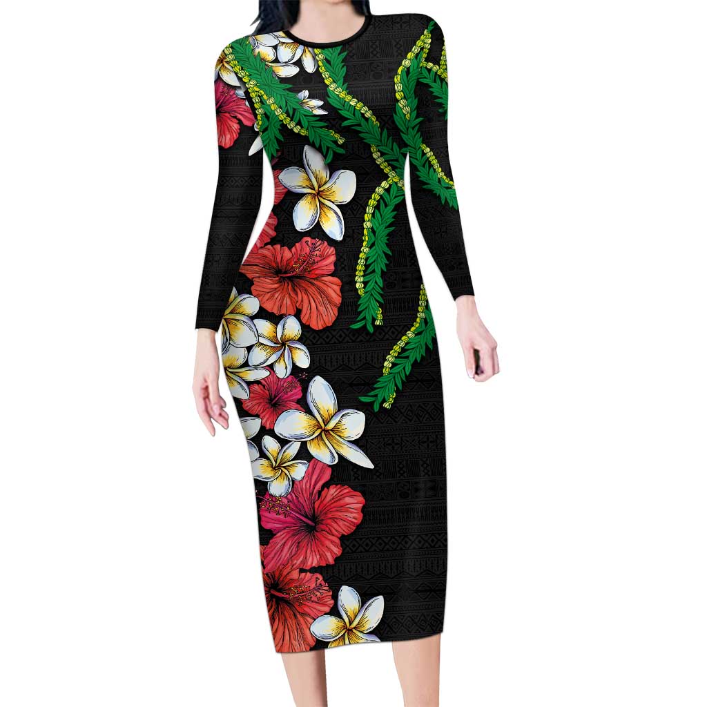 Hawaiian Tropical Flowers and Maile Pikake Family Matching Long Sleeve Bodycon Dress and Hawaiian Shirt Polynesian Tribal Pattern Black Color LT03 Mom's Dress Black - Polynesian Pride