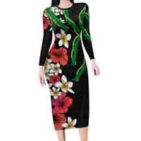 Hawaiian Tropical Flowers and Maile Pikake Family Matching Long Sleeve Bodycon Dress and Hawaiian Shirt Polynesian Tribal Pattern Black Color LT03 Mom's Dress Black - Polynesian Pride