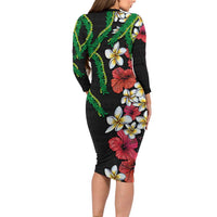 Hawaiian Tropical Flowers and Maile Pikake Family Matching Long Sleeve Bodycon Dress and Hawaiian Shirt Polynesian Tribal Pattern Black Color LT03 - Polynesian Pride