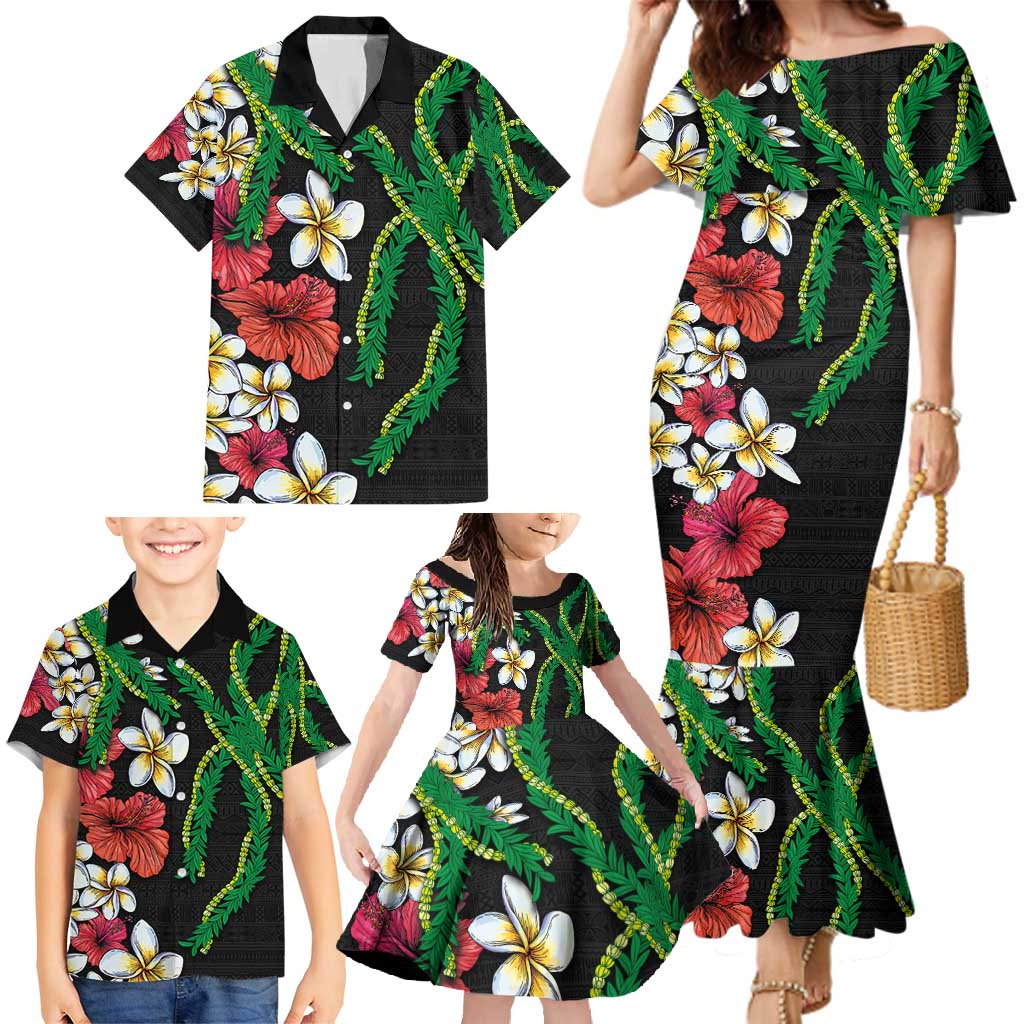 Hawaiian Tropical Flowers and Maile Pikake Family Matching Mermaid Dress and Hawaiian Shirt Polynesian Tribal Pattern Black Color LT03 - Polynesian Pride