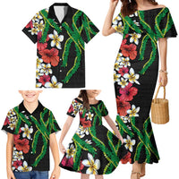 Hawaiian Tropical Flowers and Maile Pikake Family Matching Mermaid Dress and Hawaiian Shirt Polynesian Tribal Pattern Black Color LT03 - Polynesian Pride