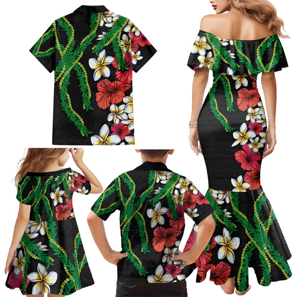 Hawaiian Tropical Flowers and Maile Pikake Family Matching Mermaid Dress and Hawaiian Shirt Polynesian Tribal Pattern Black Color LT03 - Polynesian Pride