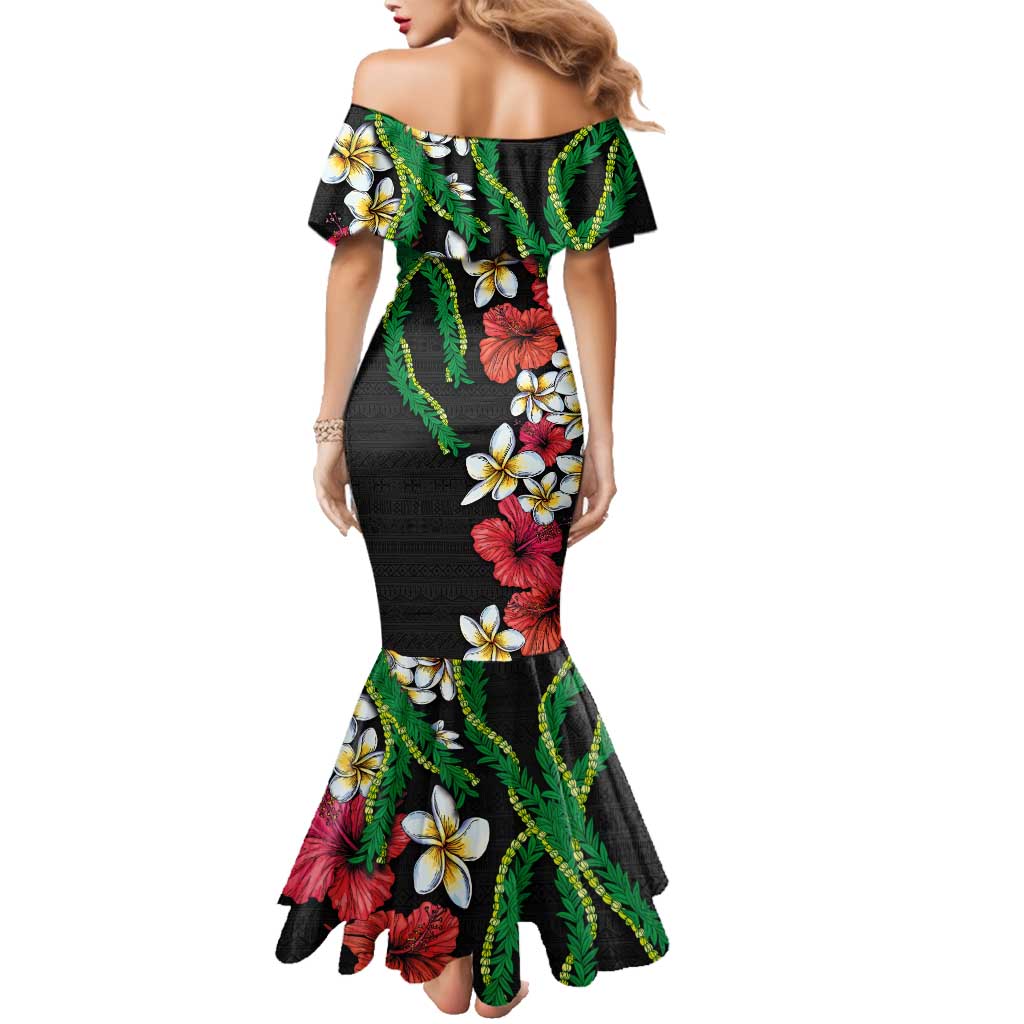 Hawaiian Tropical Flowers and Maile Pikake Family Matching Mermaid Dress and Hawaiian Shirt Polynesian Tribal Pattern Black Color LT03 - Polynesian Pride