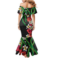 Hawaiian Tropical Flowers and Maile Pikake Family Matching Mermaid Dress and Hawaiian Shirt Polynesian Tribal Pattern Black Color LT03 - Polynesian Pride