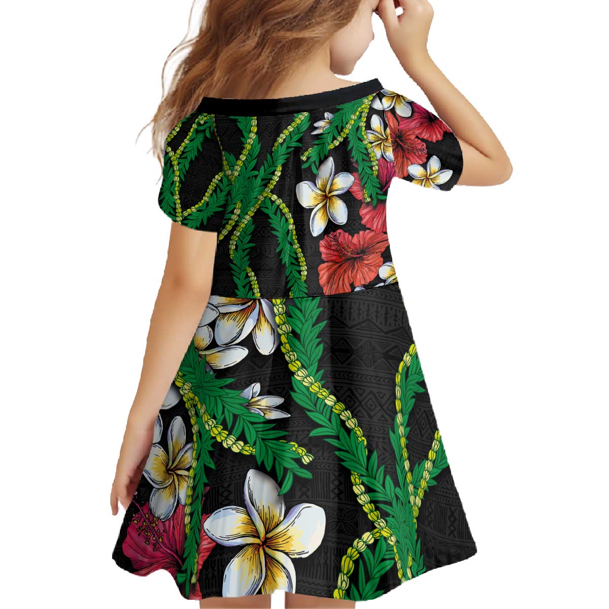 Hawaiian Tropical Flowers and Maile Pikake Family Matching Off The Shoulder Long Sleeve Dress and Hawaiian Shirt Polynesian Tribal Pattern Black Color LT03 - Polynesian Pride