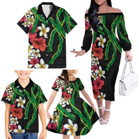 Hawaiian Tropical Flowers and Maile Pikake Family Matching Off The Shoulder Long Sleeve Dress and Hawaiian Shirt Polynesian Tribal Pattern Black Color LT03 - Polynesian Pride