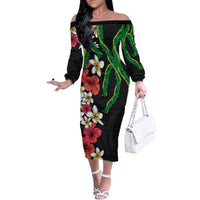 Hawaiian Tropical Flowers and Maile Pikake Family Matching Off The Shoulder Long Sleeve Dress and Hawaiian Shirt Polynesian Tribal Pattern Black Color LT03 Mom's Dress Black - Polynesian Pride