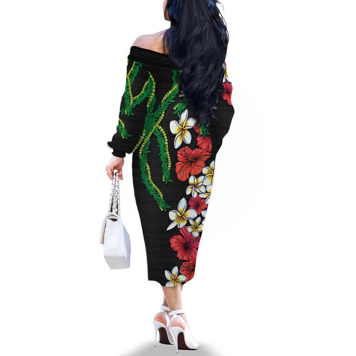 Hawaiian Tropical Flowers and Maile Pikake Family Matching Off The Shoulder Long Sleeve Dress and Hawaiian Shirt Polynesian Tribal Pattern Black Color LT03 - Polynesian Pride