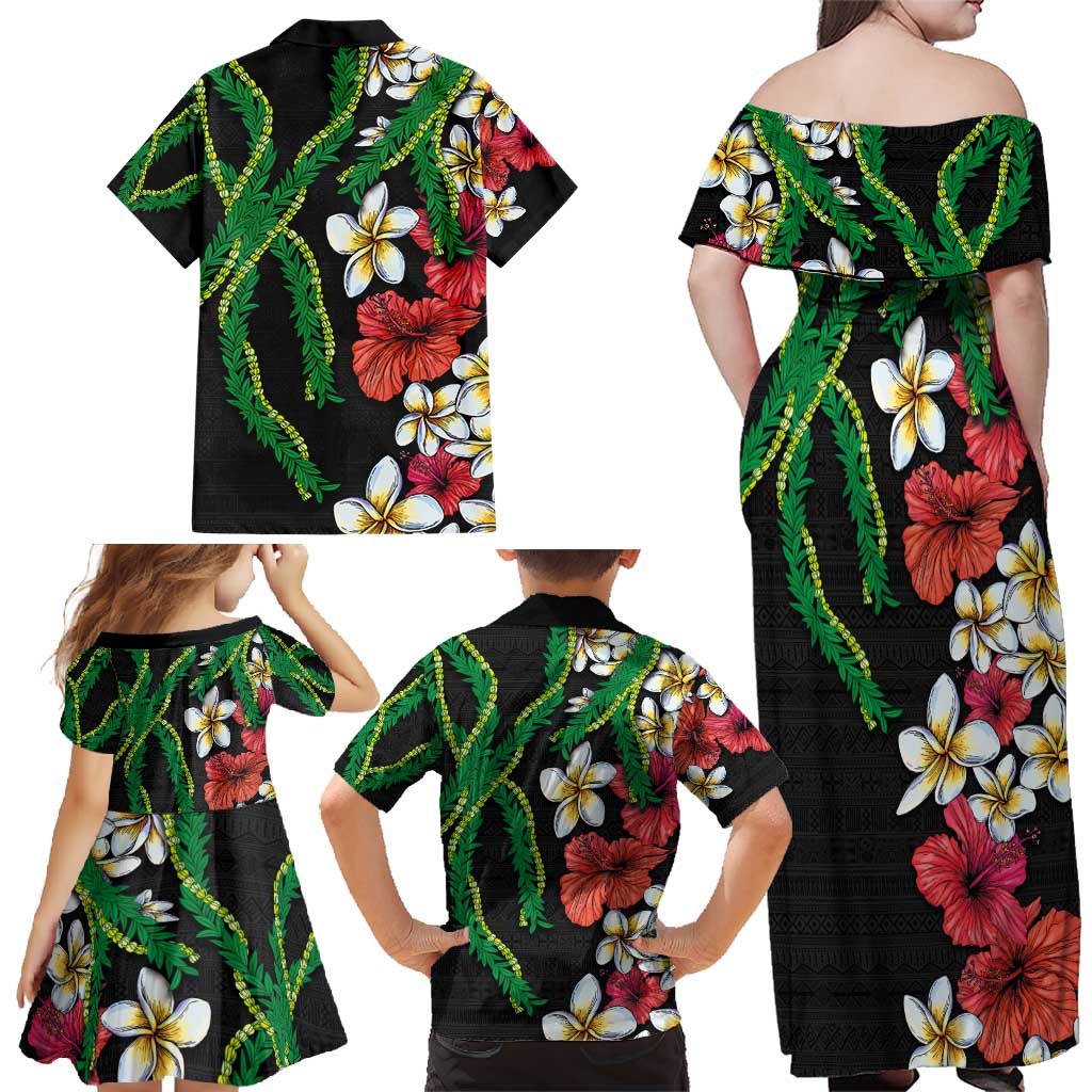 Hawaiian Tropical Flowers and Maile Pikake Family Matching Off Shoulder Maxi Dress and Hawaiian Shirt Polynesian Tribal Pattern Black Color LT03 - Polynesian Pride