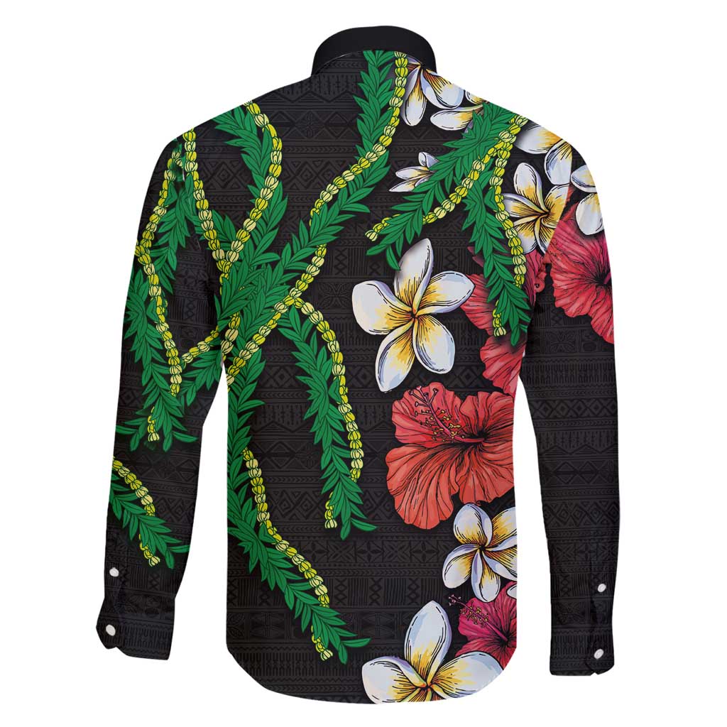 Hawaiian Tropical Flowers and Maile Pikake Family Matching Off Shoulder Maxi Dress and Hawaiian Shirt Polynesian Tribal Pattern Black Color LT03 - Polynesian Pride