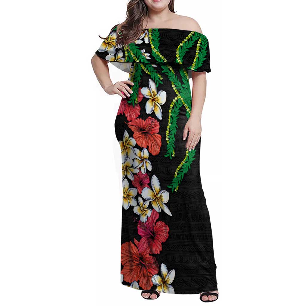 Hawaiian Tropical Flowers and Maile Pikake Family Matching Off Shoulder Maxi Dress and Hawaiian Shirt Polynesian Tribal Pattern Black Color LT03 Mom's Dress Black - Polynesian Pride