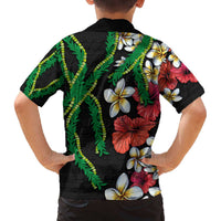 Hawaiian Tropical Flowers and Maile Pikake Family Matching Off Shoulder Short Dress and Hawaiian Shirt Polynesian Tribal Pattern Black Color LT03 - Polynesian Pride