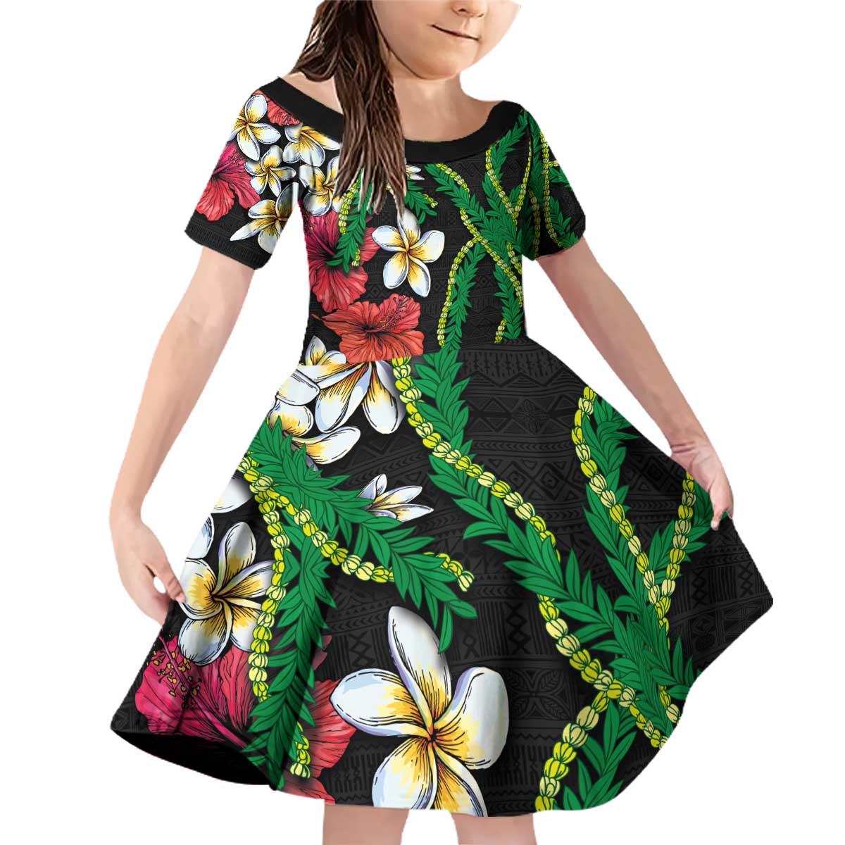 Hawaiian Tropical Flowers and Maile Pikake Family Matching Off Shoulder Short Dress and Hawaiian Shirt Polynesian Tribal Pattern Black Color LT03 Daughter's Dress Black - Polynesian Pride