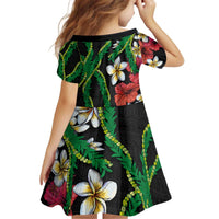 Hawaiian Tropical Flowers and Maile Pikake Family Matching Off Shoulder Short Dress and Hawaiian Shirt Polynesian Tribal Pattern Black Color LT03 - Polynesian Pride