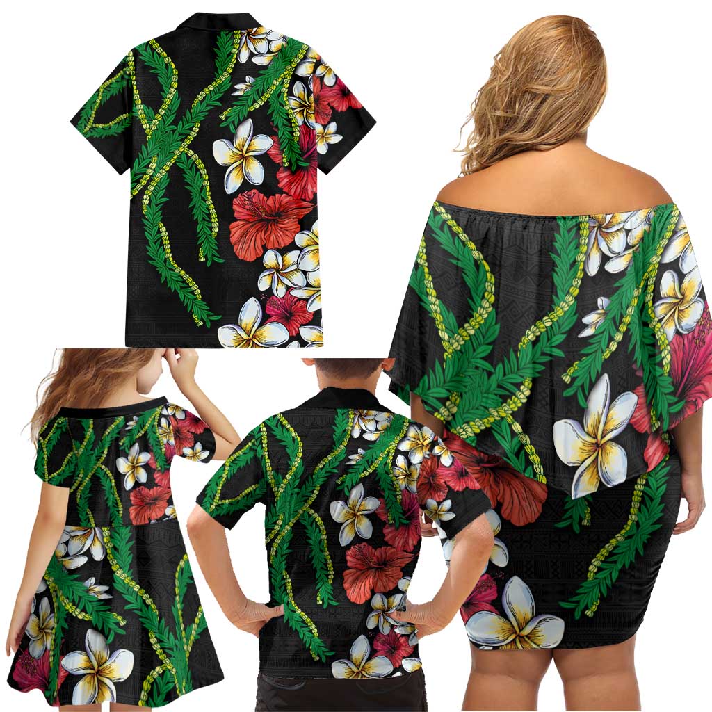 Hawaiian Tropical Flowers and Maile Pikake Family Matching Off Shoulder Short Dress and Hawaiian Shirt Polynesian Tribal Pattern Black Color LT03 - Polynesian Pride