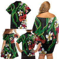 Hawaiian Tropical Flowers and Maile Pikake Family Matching Off Shoulder Short Dress and Hawaiian Shirt Polynesian Tribal Pattern Black Color LT03 - Polynesian Pride