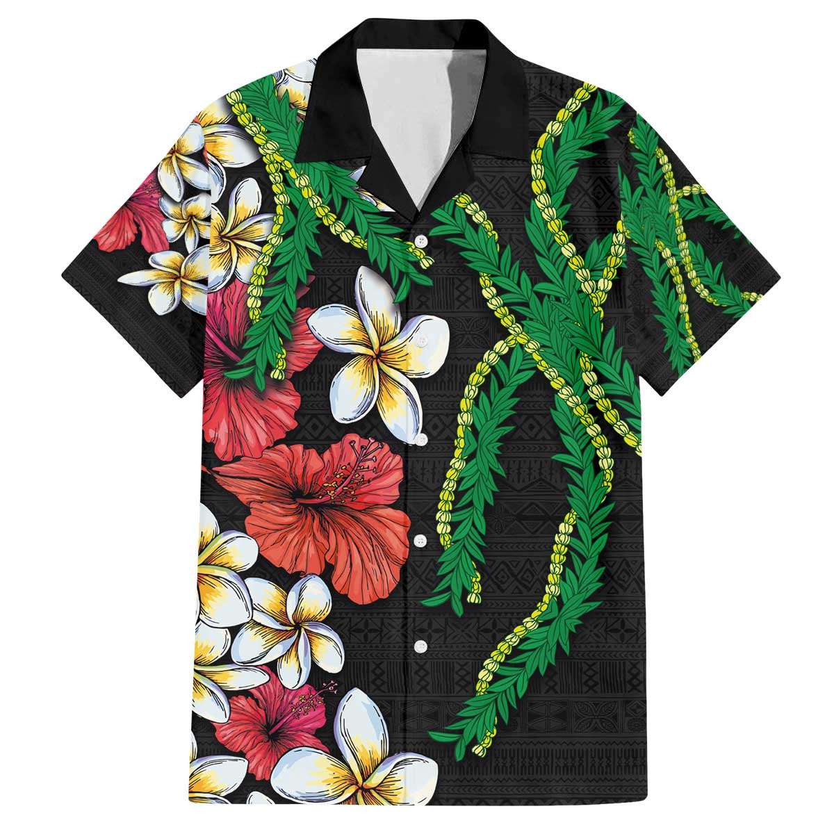 Hawaiian Tropical Flowers and Maile Pikake Family Matching Off Shoulder Short Dress and Hawaiian Shirt Polynesian Tribal Pattern Black Color LT03 Dad's Shirt - Short Sleeve Black - Polynesian Pride