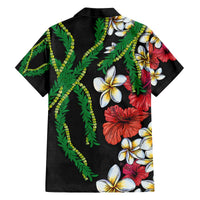 Hawaiian Tropical Flowers and Maile Pikake Family Matching Off Shoulder Short Dress and Hawaiian Shirt Polynesian Tribal Pattern Black Color LT03 - Polynesian Pride
