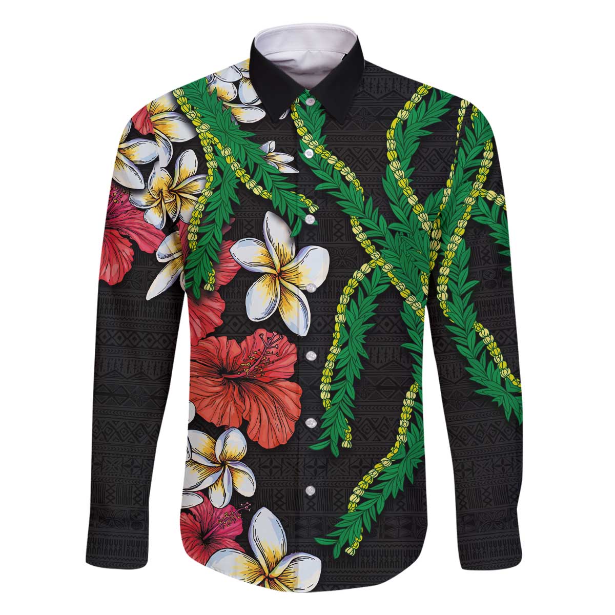 Hawaiian Tropical Flowers and Maile Pikake Family Matching Off Shoulder Short Dress and Hawaiian Shirt Polynesian Tribal Pattern Black Color LT03 Dad's Shirt - Long Sleeve Black - Polynesian Pride