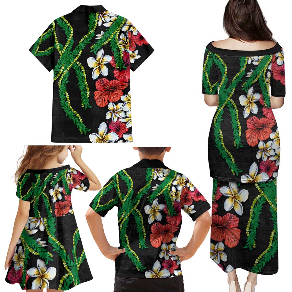 Hawaiian Tropical Flowers and Maile Pikake Family Matching Puletasi and Hawaiian Shirt Polynesian Tribal Pattern Black Color LT03 - Polynesian Pride