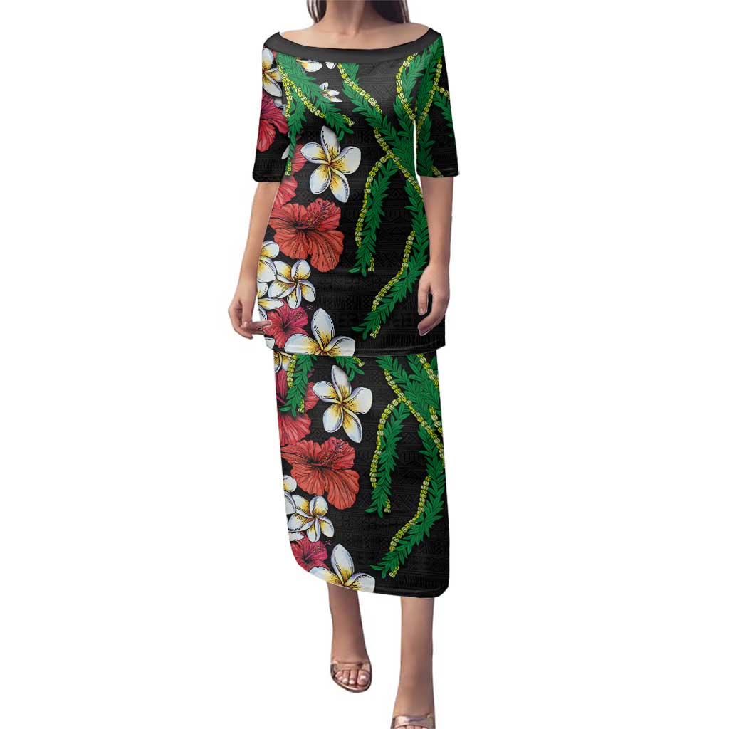 Hawaiian Tropical Flowers and Maile Pikake Family Matching Puletasi and Hawaiian Shirt Polynesian Tribal Pattern Black Color LT03 Mom's Dress Black - Polynesian Pride