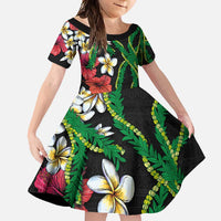 Hawaiian Tropical Flowers and Maile Pikake Family Matching Short Sleeve Bodycon Dress and Hawaiian Shirt Polynesian Tribal Pattern Black Color LT03 Daughter's Dress Black - Polynesian Pride