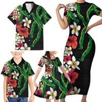 Hawaiian Tropical Flowers and Maile Pikake Family Matching Short Sleeve Bodycon Dress and Hawaiian Shirt Polynesian Tribal Pattern Black Color LT03 - Polynesian Pride
