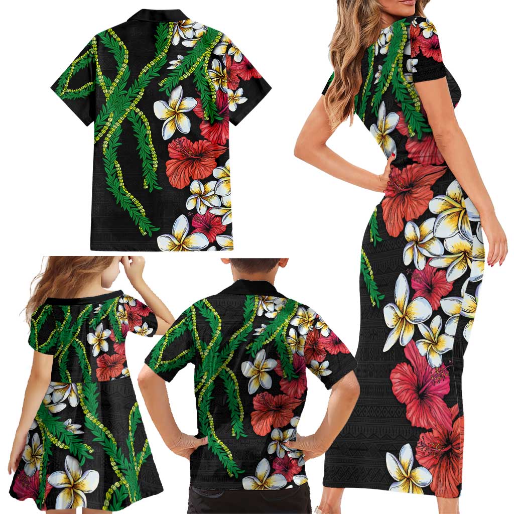 Hawaiian Tropical Flowers and Maile Pikake Family Matching Short Sleeve Bodycon Dress and Hawaiian Shirt Polynesian Tribal Pattern Black Color LT03 - Polynesian Pride