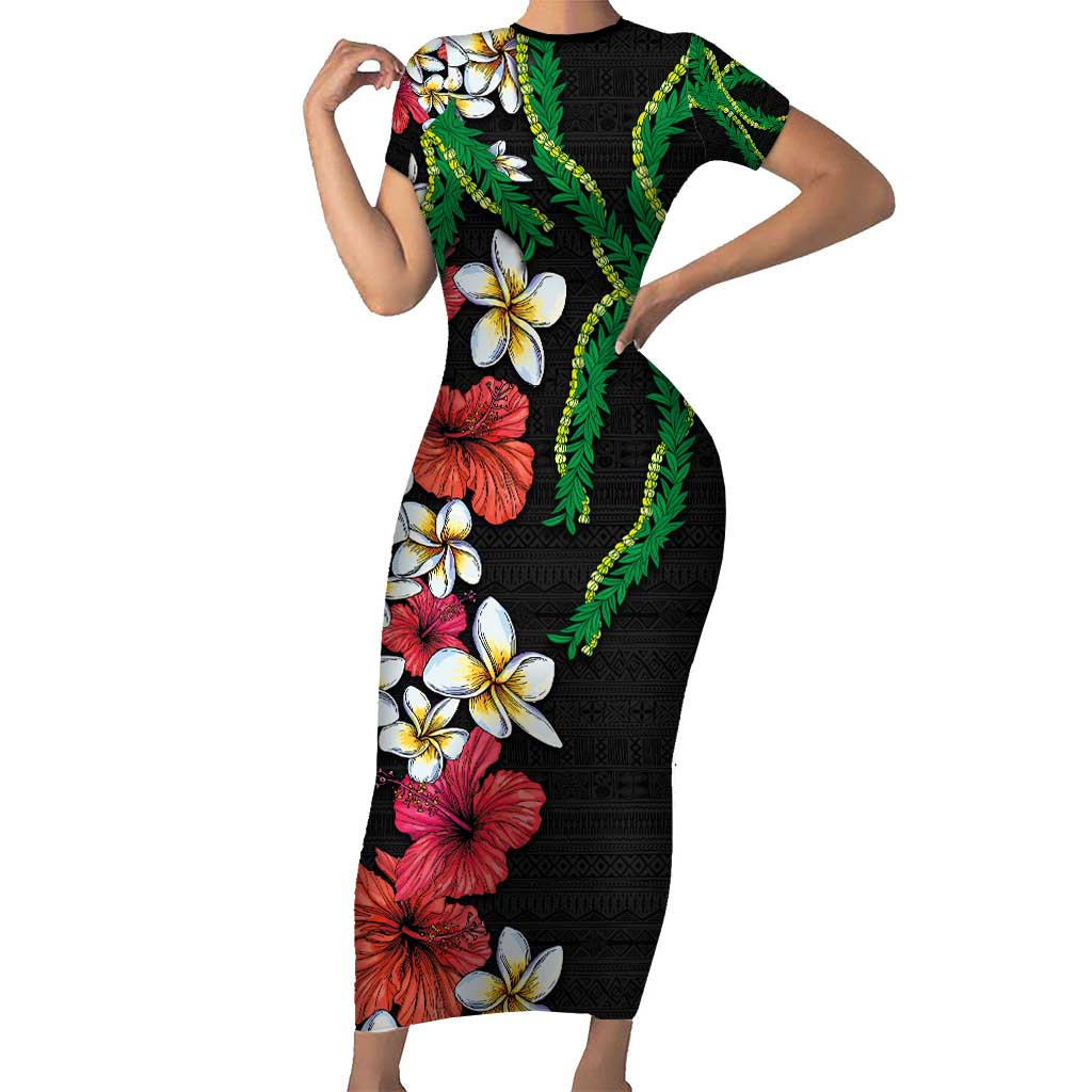 Hawaiian Tropical Flowers and Maile Pikake Family Matching Short Sleeve Bodycon Dress and Hawaiian Shirt Polynesian Tribal Pattern Black Color LT03 Mom's Dress Black - Polynesian Pride