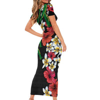 Hawaiian Tropical Flowers and Maile Pikake Family Matching Short Sleeve Bodycon Dress and Hawaiian Shirt Polynesian Tribal Pattern Black Color LT03 - Polynesian Pride